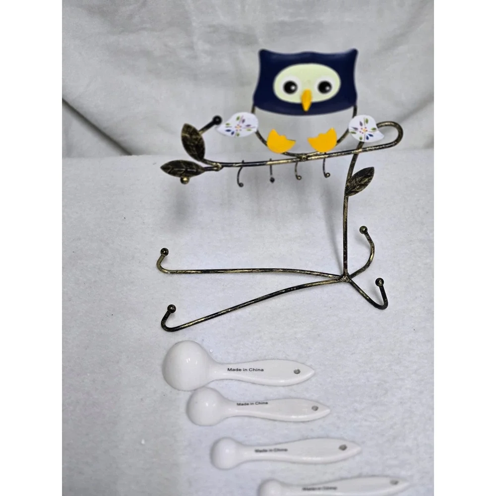 Ceramic Owl Measuring Spoons Set with Metal Branch Display Stand 5 Piece Set